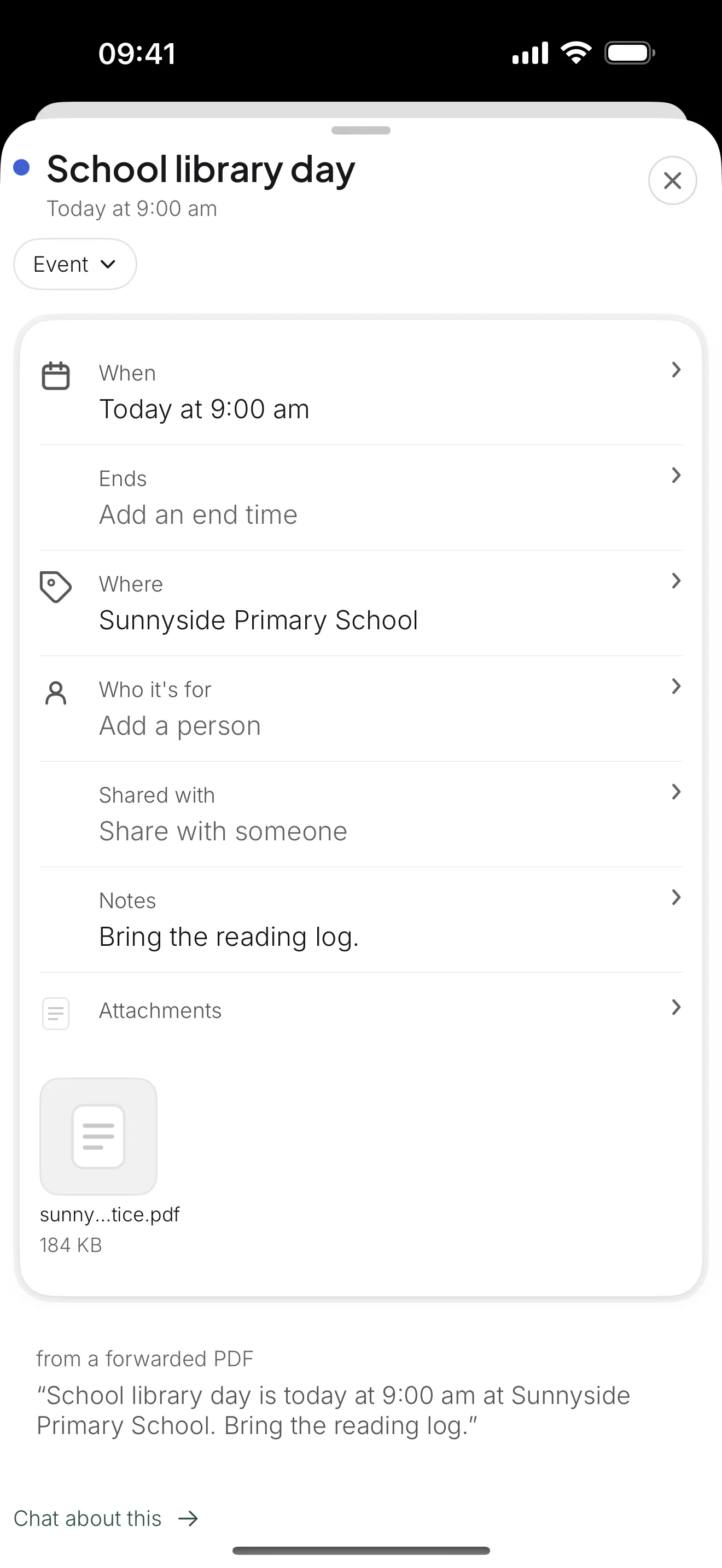 Origami showing School library day at 9:00 AM, the school location, Bring the reading log, and the attached PDF.